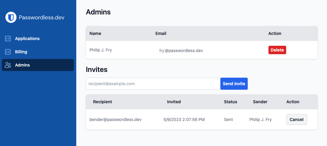 Admin page